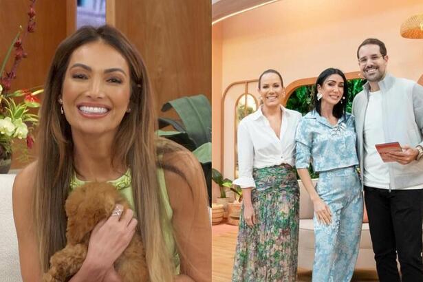 Patrícia Poeta segura um cachorro, sorrindo no palco do Encontro. Regina Volpato e Paulo Mathias sorrindo no cenário do Chega Mais