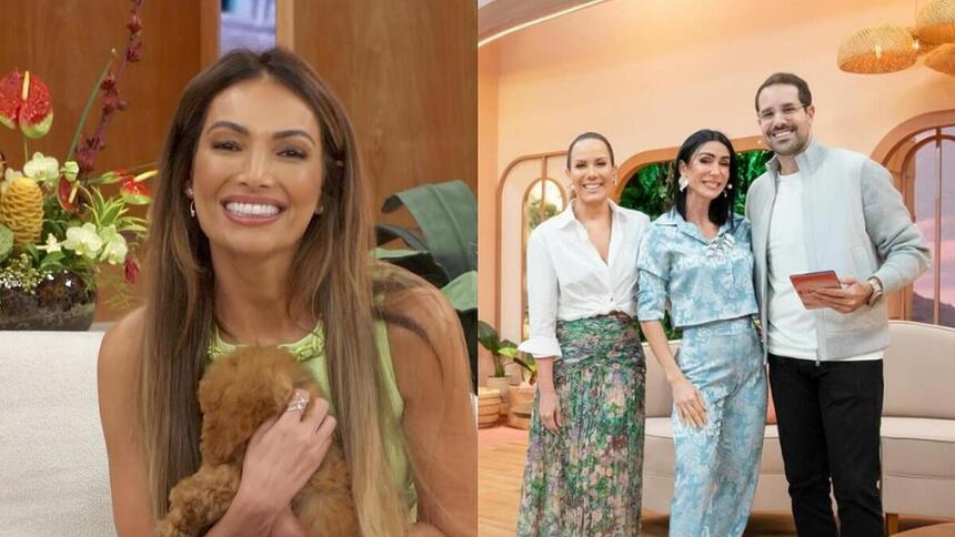 Patrícia Poeta segura um cachorro, sorrindo no palco do Encontro. Regina Volpato e Paulo Mathias sorrindo no cenário do Chega Mais