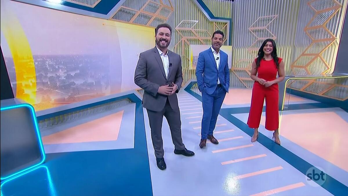 Darlisson Dutra, Felipe Malta e Daniele Brandi no novo cenário do Primeiro Impacto no SBT