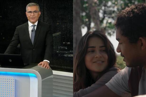 Hélter Duarte apresentando o RJ2 e protagonistas da novela Renascer se olhando e sorrindo