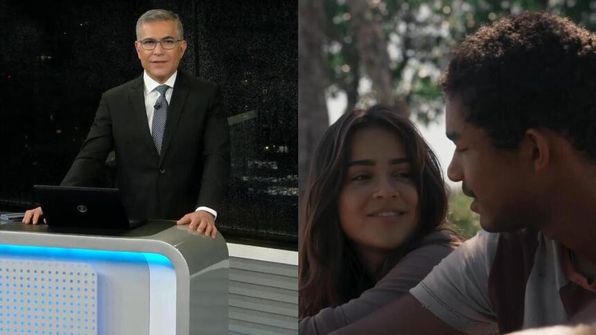 Hélter Duarte apresentando o RJ2 e protagonistas da novela Renascer se olhando e sorrindo