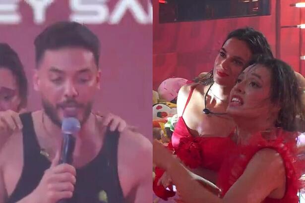 Beatriz se apoia nas costas do Wesley Safadão e abraça Alane durante a Festa do BBB 24