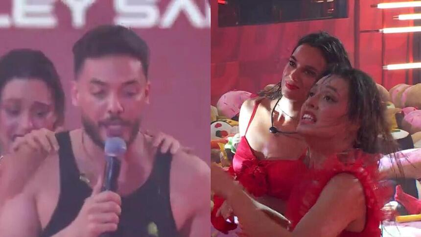 Beatriz se apoia nas costas do Wesley Safadão e abraça Alane durante a Festa do BBB 24