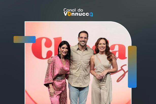 Apresentadores do Chega Mais na arte da Coluna do Vannucci ao vivo