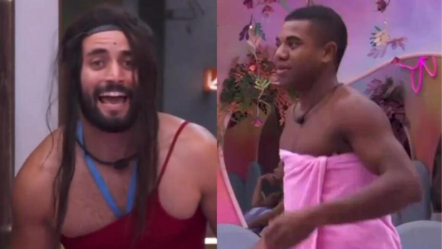 Davi e Matteus reproduzindo a cena de Beatriz derrubando Sabrina Sato no Quarto Fadas do BBB 24