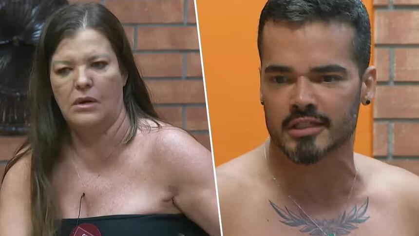 Dona Geni e Fábio Gontijo em uma montagem em trecho da discussão de A Grande Conquista