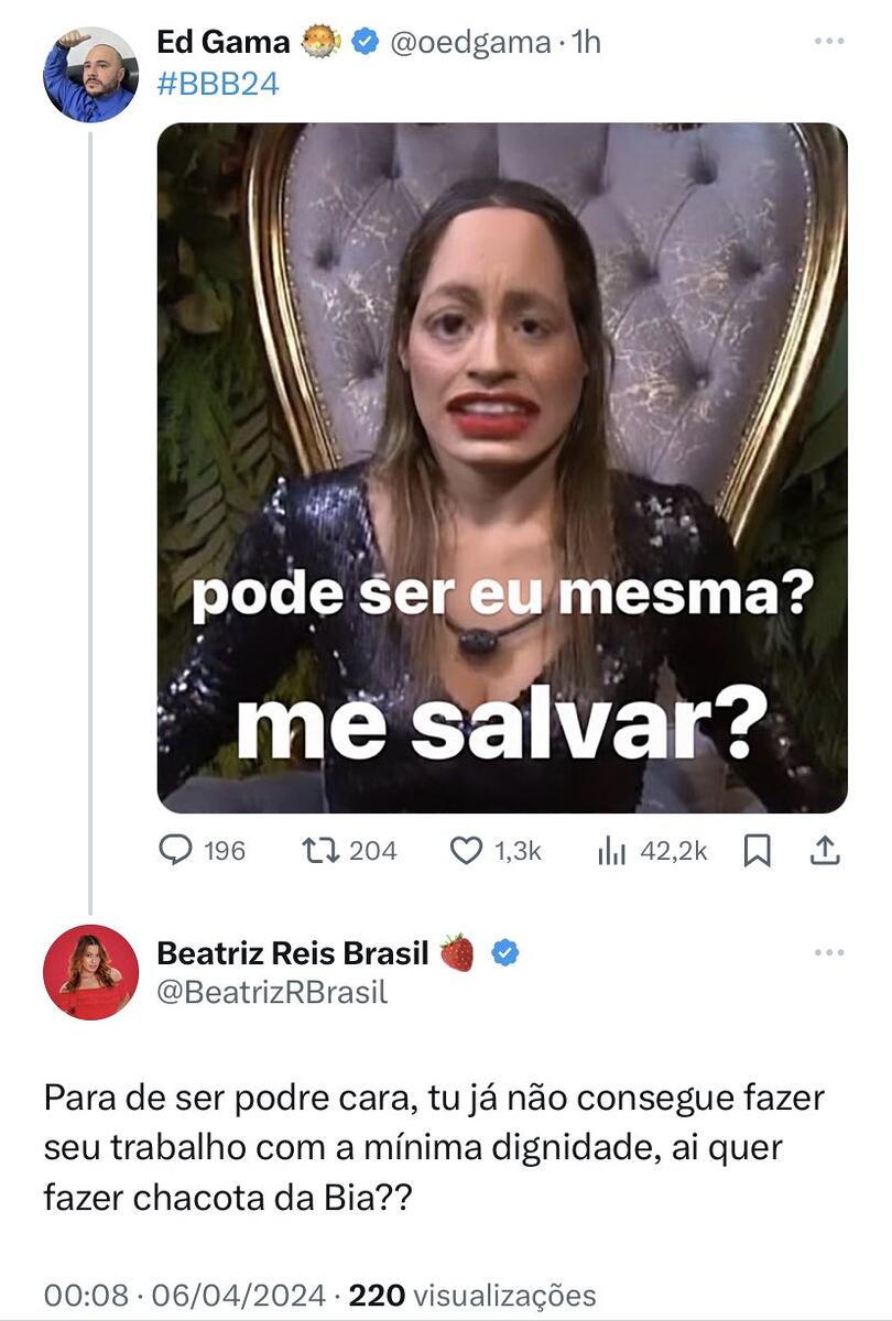 Publicação de Ed Gama e resposta da equipe de Beatriz no Twitter