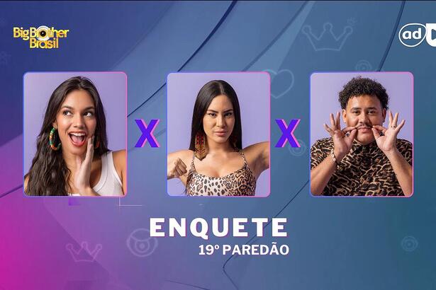 Alane, Isabelle e Lucas Henrique na arte da enquete do 19º Paredão do BBB 24