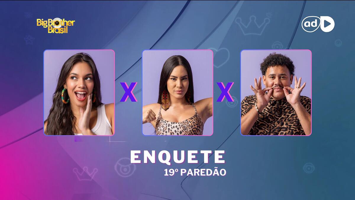 Alane, Isabelle e Lucas Henrique na arte da enquete do 19º Paredão do BBB 24