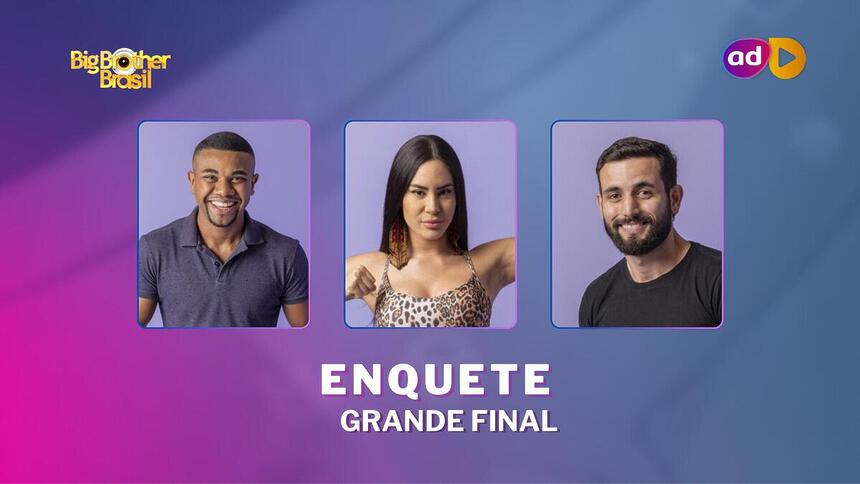 Davi, Isabelle e Matteus sorrindo na arte da enquete da grande final do BBB 24