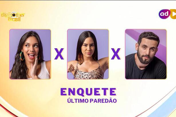 Alane, Isabelle e Matteus na arte da enquete do último Paredão do BBB 24