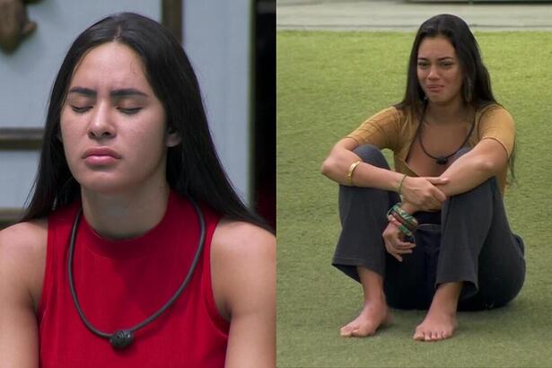 Isabelle orando e Alane chorando no gramado do BBB 24