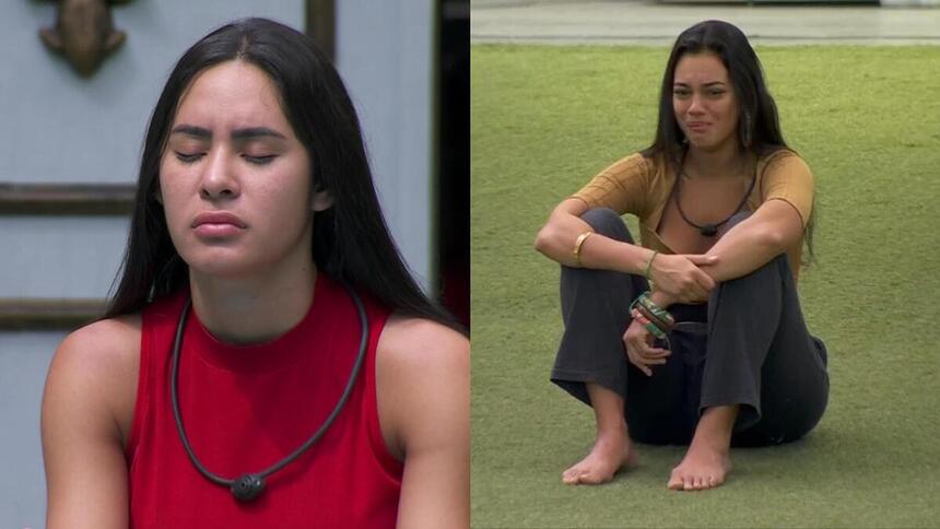 Isabelle orando e Alane chorando no gramado do BBB 24