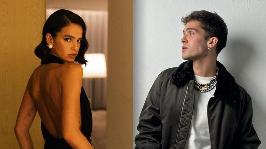 Montagem com Bruna Marquezine de vestido preto e João Guilherme de casaco preto