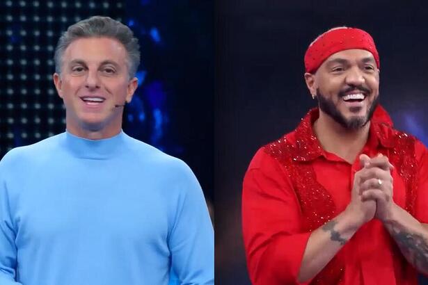 Montagem com Luciano Huck de camisa azul e Belo de camisa vermelha no Domingão