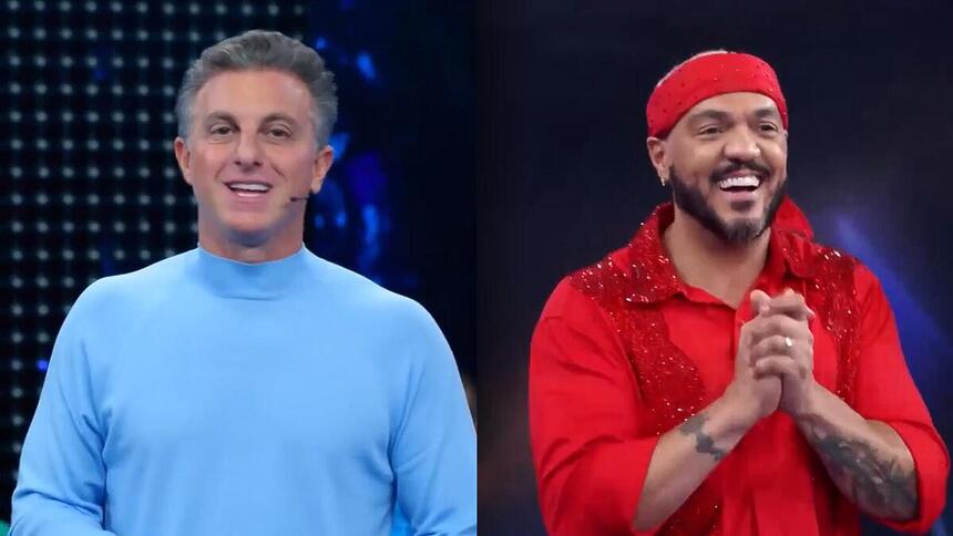 Montagem com Luciano Huck de camisa azul e Belo de camisa vermelha no Domingão