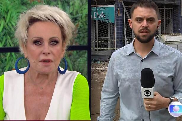 Montagem com Ana Maria Braga apresentando o Mais Você e o repórter Vitor Rosa no local do incêndio em Porto Alegre