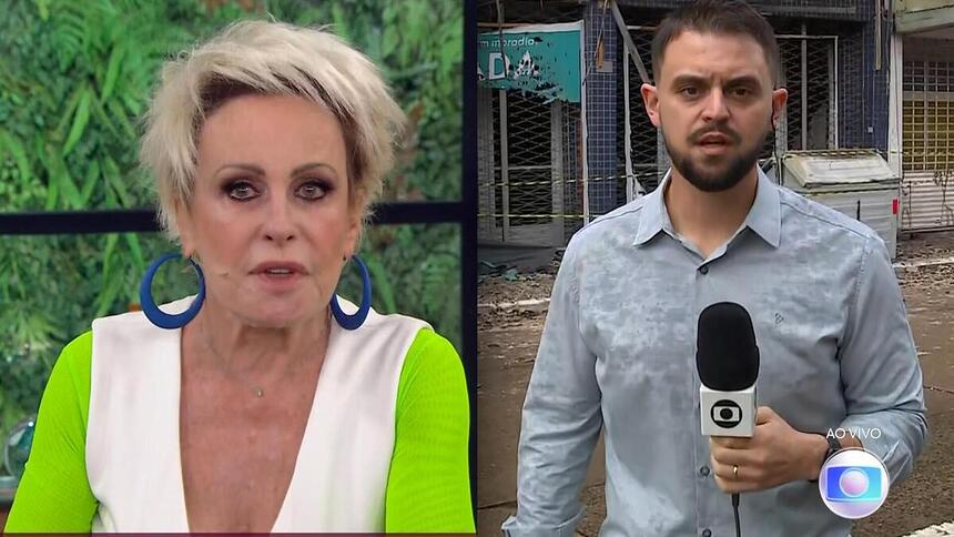 Montagem com Ana Maria Braga apresentando o Mais Você e o repórter Vitor Rosa no local do incêndio em Porto Alegre