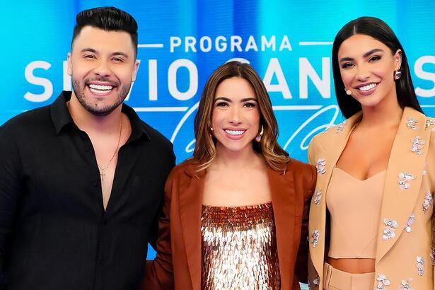 Murilo Huff, Patricia Abravanel e Gabriela Versiani no estúdio do Programa Silvio Santos