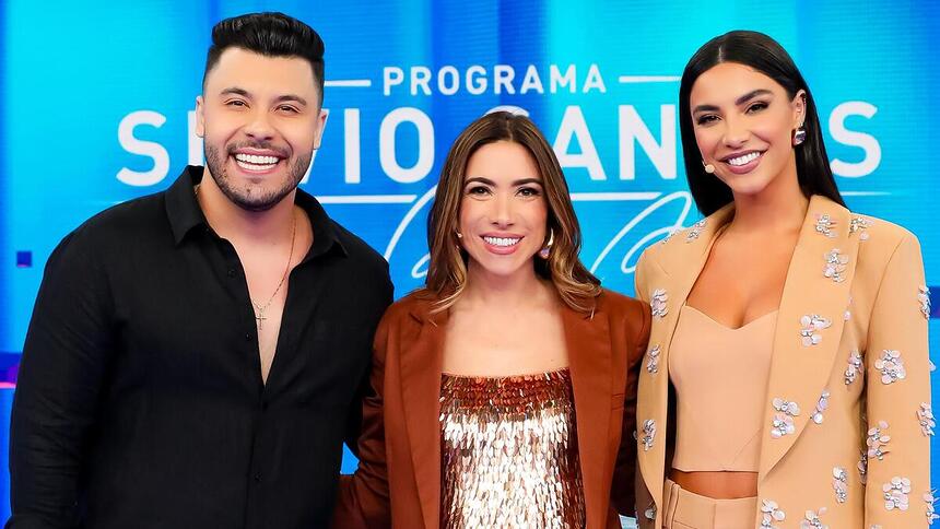 Murilo Huff, Patricia Abravanel e Gabriela Versiani no estúdio do Programa Silvio Santos