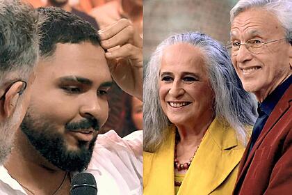 Paulo Vieira, Bethânia e Caetano em uma montagem no palco do Caldeirão