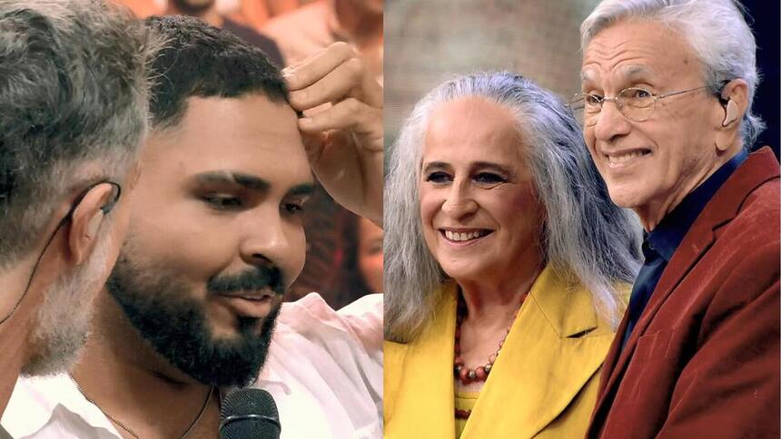 Paulo Vieira, Bethânia e Caetano em uma montagem no palco do Caldeirão