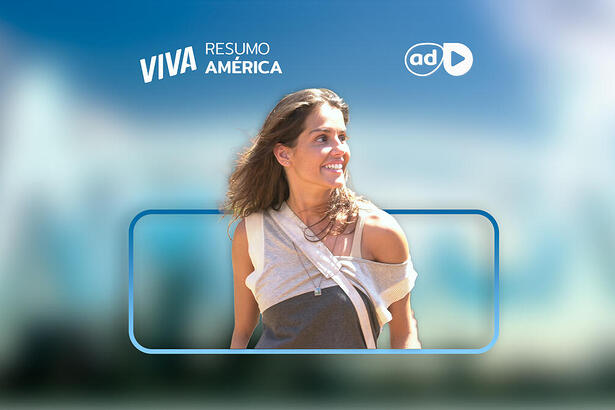 Sol (Deborah Secco) sorrindo na arte de divulgação do resumo da novela América no Viva