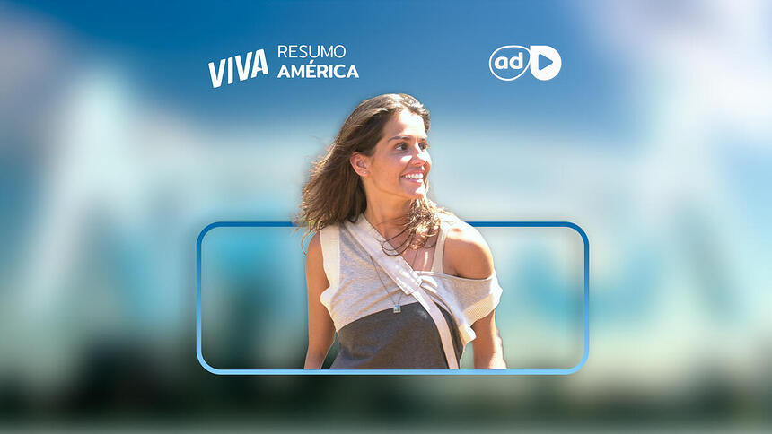 Sol (Deborah Secco) sorrindo na arte de divulgação do resumo da novela América no Viva