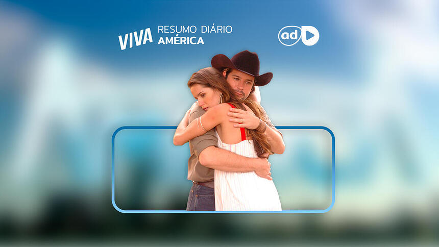 Sol (Deborah Secco) e Tião (Murilo Benício) se abraçam na arte de divulgação do resumo da novela América