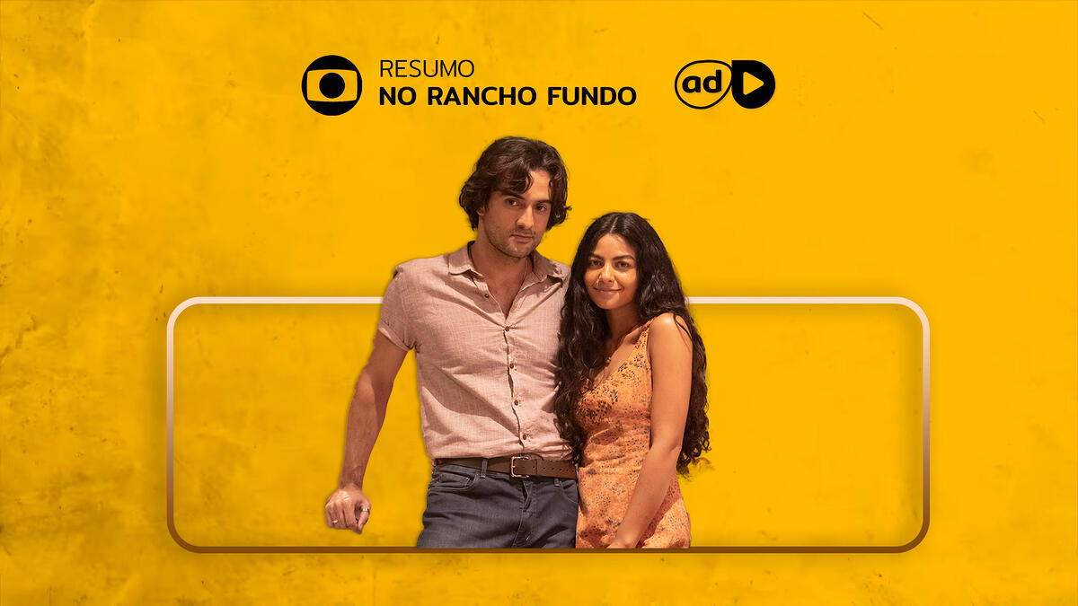 Protagonistas de No Rancho Fundo na arte do resumo da novela