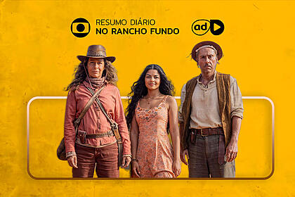 Protagonistas de No Rancho Fundo na arte do resumo da novela