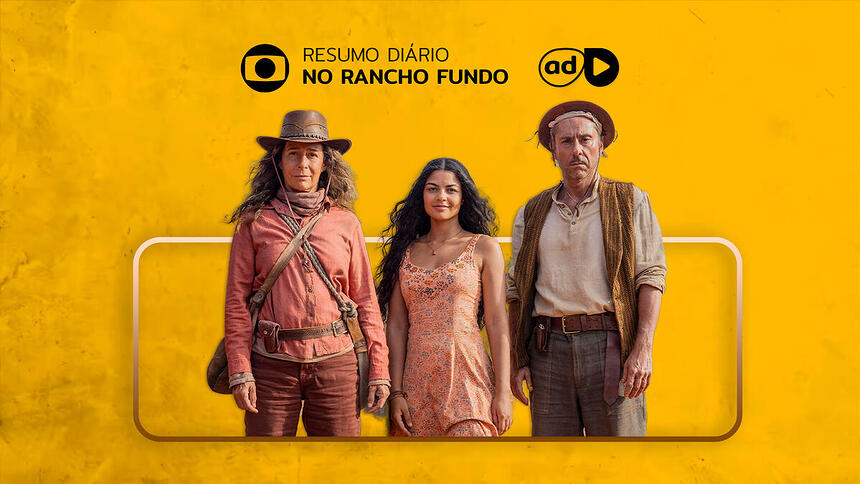 Protagonistas de No Rancho Fundo na arte do resumo da novela