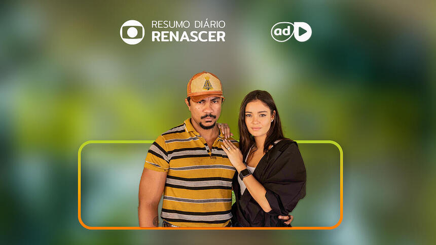 Damião e Eliana na arte de resumo da novela Renascer