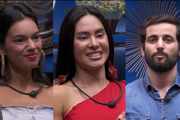 Alane, Isabelle e Matteus na sala do BBB 24 pedindo votos para ficar no reality show