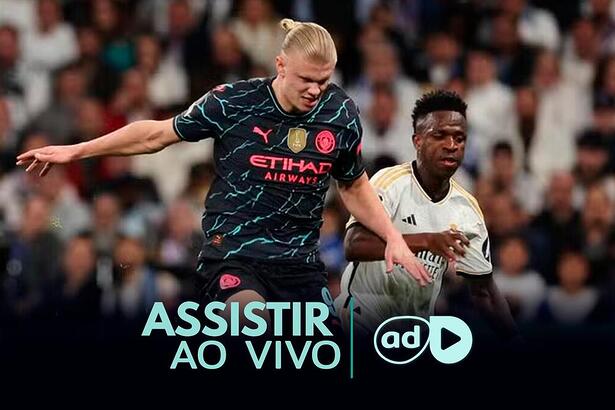 Haaland e Vini Jr. na arte onde assistir ao jogo Manchester City x Real Madrid na Liga dos Campeões