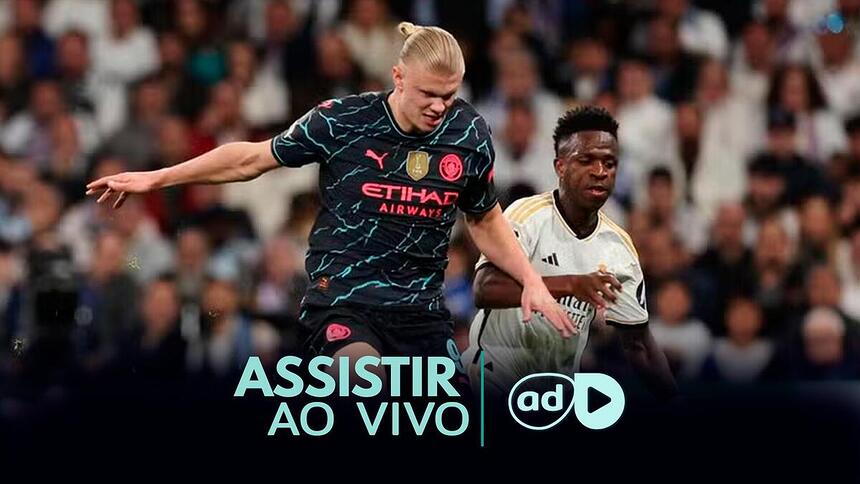 Haaland e Vini Jr. na arte onde assistir ao jogo Manchester City x Real Madrid na Liga dos Campeões