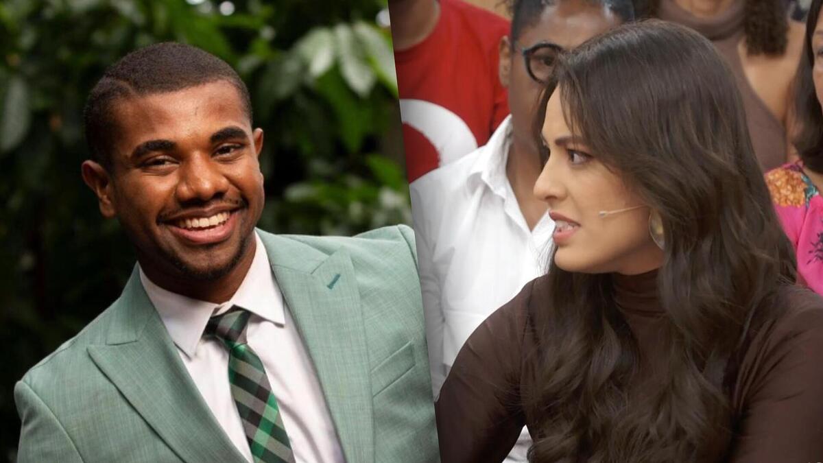 Montagem com Davi Brito sorrindo e Bia com semblante sério no Encontro
