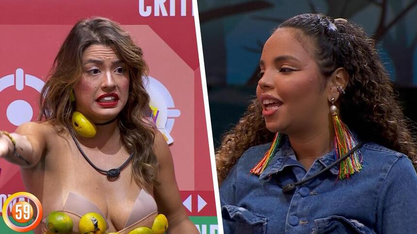 Beatriz vestida com sutiã de laranja no Sincerão do BBB 24 e Pitel sorrindo