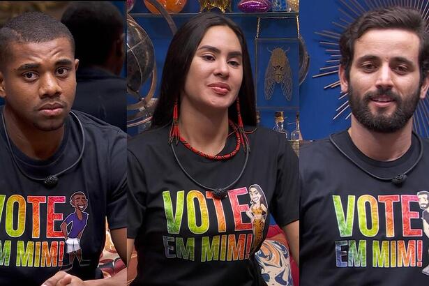 Davi, Isabelle e Matteus, com camisetas "Vote Em Mim"