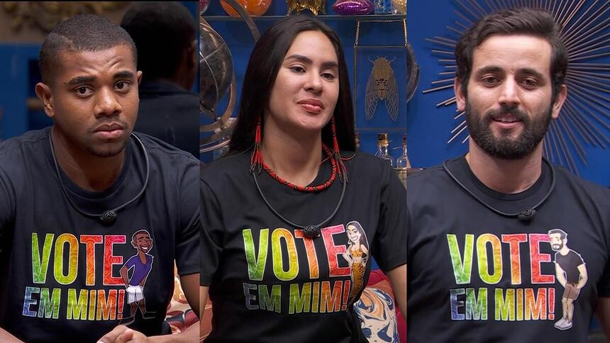 Davi, Isabelle e Matteus, com camisetas "Vote Em Mim"