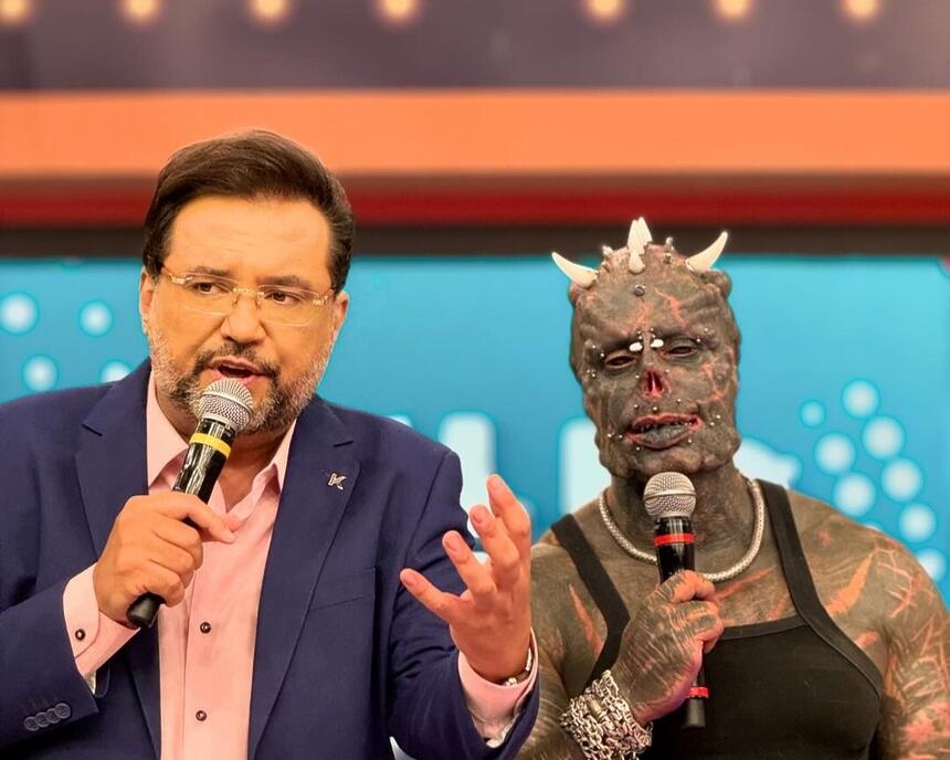 Geraldo Luis ao lado do Homem Diabo no palco do programa Geral do Povo, na RedeTV