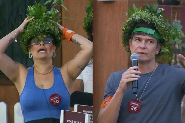 MC Mari e Danilo com plantas na cabeça na atividade do Hora do Faro no A Grande Conquista