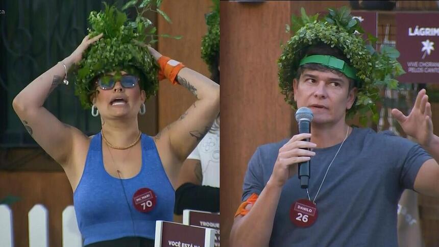 MC Mari e Danilo com plantas na cabeça na atividade do Hora do Faro no A Grande Conquista