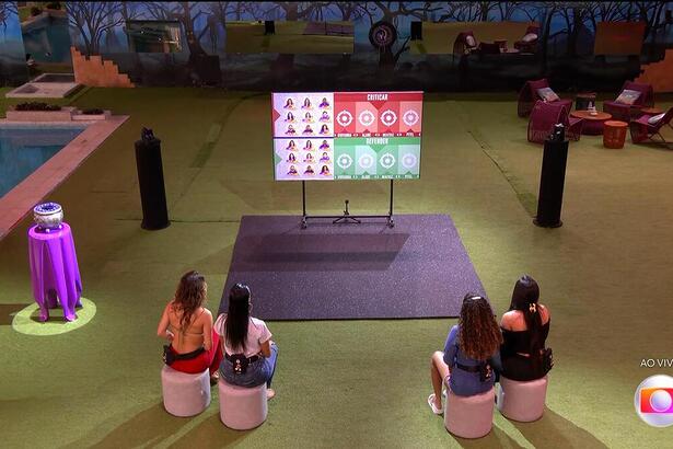 Beatriz, Alane, Giovanna e Pitel em frente ao painel do Sincerão no BBB 24