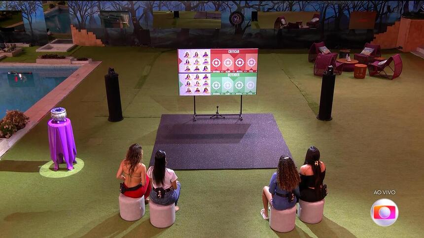 Beatriz, Alane, Giovanna e Pitel em frente ao painel do Sincerão no BBB 24