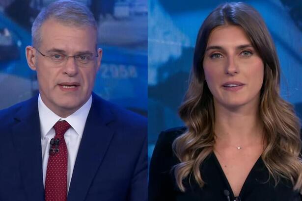 Eduardo Oinegue e Joana Treptow em uma montagem na bancada do Jornal da Band