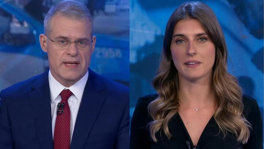 Eduardo Oinegue e Joana Treptow em uma montagem na bancada do Jornal da Band