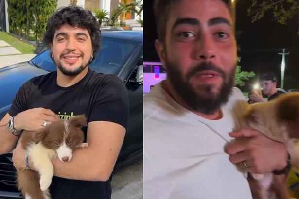 Nattan e Henrique com o cachorro adotado no colo