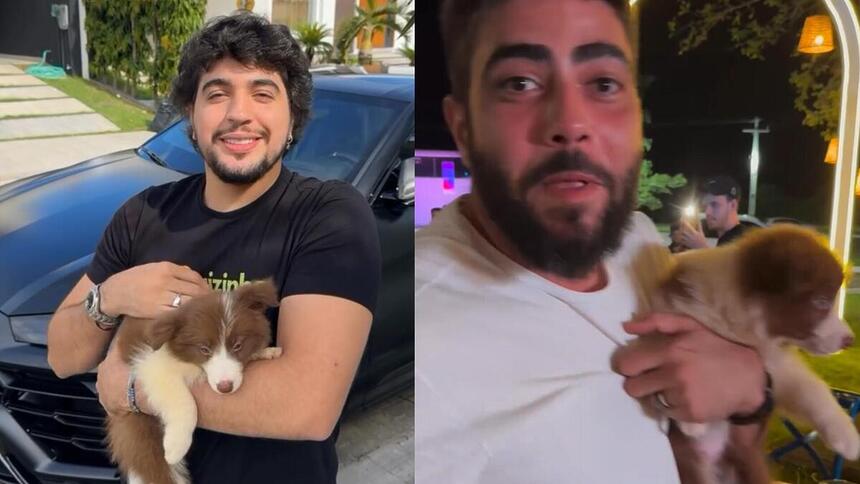 Nattan e Henrique com o cachorro adotado no colo