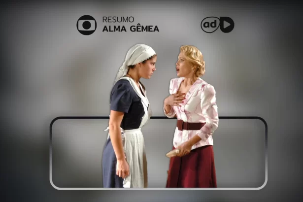 Arte do resumo de Alma Gêmea com Serena e Cristina se encarando